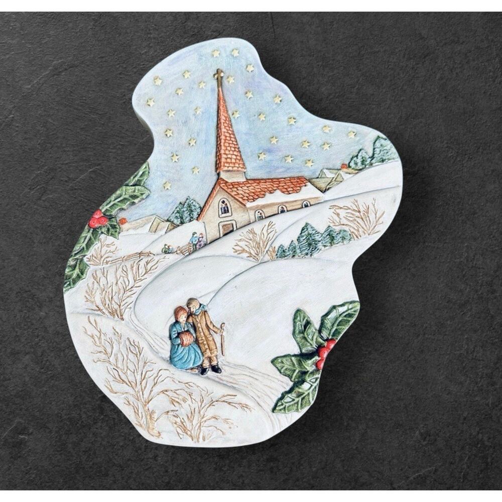 VTG 1980 Linda Warren Hand Painted Christmas Winter Church Scene Raised Wall Art